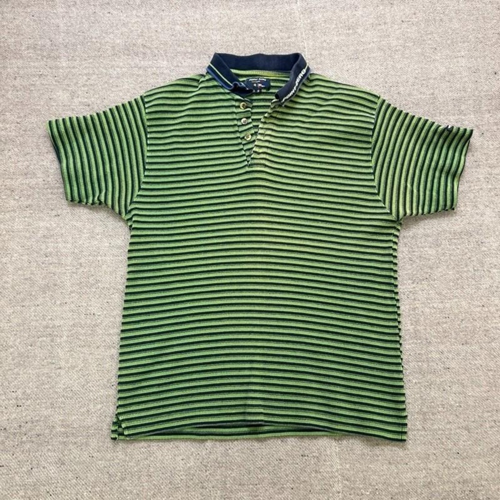 Vintage Point Zero Polo Shirt Mens Small Green 2000s Y2K Striped